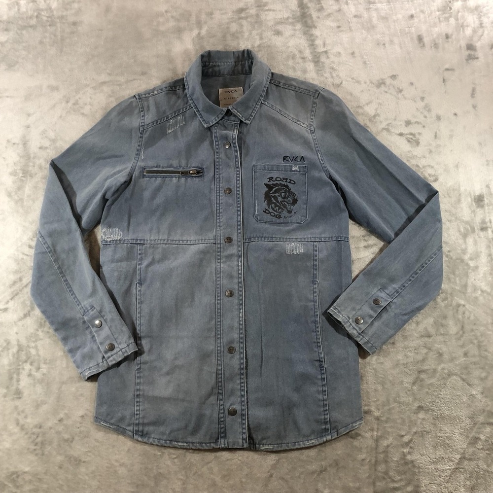 RVCA Jacket Womens Small Blue Denim Road Dog Graphic Snap Shirt Jacket